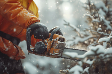 Construction Worker Operating Portable Gasoline Chainsaw to Cut Trees at Worksite