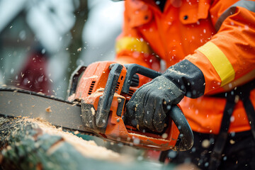 Construction Worker Operating Portable Gasoline Chainsaw to Cut Trees at Worksite
