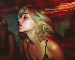Naklejka premium 1990s candid photo of a blonde woman at a party with a disposable camera. light leaks, blurry film with grain.
