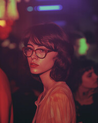 1990s candid photo with a disposable camera of a of a brunette woman wearing glasses while at a party.  light leaks, blurry film with grain. retro