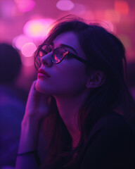 1990s candid photo with a disposable camera of a of a brunette woman wearing glasses while at a party.  light leaks, blurry film with grain. retro