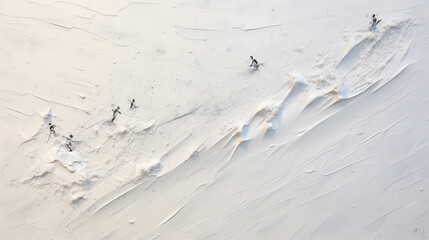 minimalist white snow on side of mountain, textured plaster abstract painting with tiny ski people scattered about