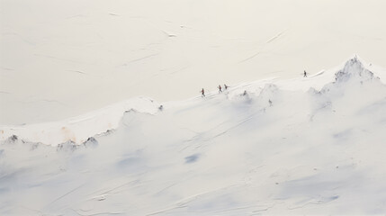 Obraz premium minimalist white snow on side of mountain, textured plaster abstract painting with tiny ski people scattered about