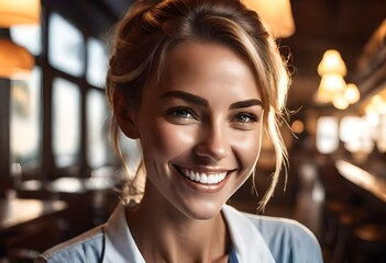 Obraz premium photo realistic digital illustration of a Happy smiling beautiful young waitress