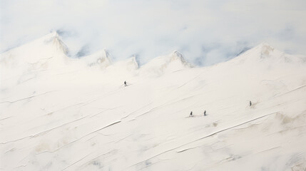 minimalist white snow on side of mountain, textured plaster abstract painting with tiny ski people scattered about