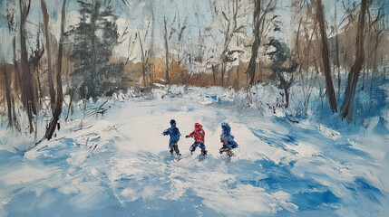 Impressionist Acrylic Painting of kids playing in the snow 