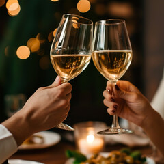 Happy couple having romantic cozy dinner at home or cafe, close-up shot of hands with wineglasses cheering with glasses of white wine celebrating anniversary or engagement, minimalistic ai technology
