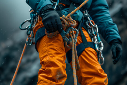 A worker wearing a safety harness with fall arrest device hooks, working on high-altitude equipment