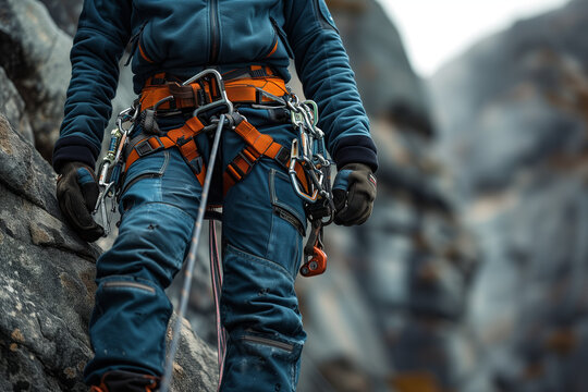 A worker wearing a safety harness with fall arrest device hooks, working on high-altitude equipment