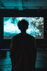 a cinematic shot of a man standing in front of a big screen that's scrambled and can't be viewed. 