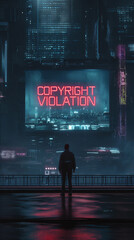 a cinematic wide shot of a man standing in front of a big screen. on the screen reads "COPYRIGHT VIOLATION"  