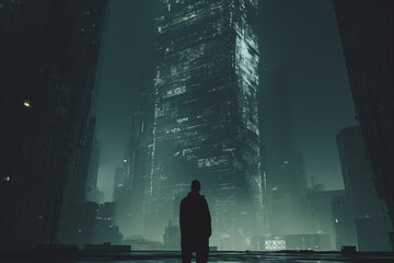 a cinematic shot of a man standing in front of a city skyline.