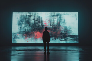 a cinematic shot of a man standing in front of a big screen that's scrambled and can't be viewed. 