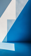 minimalist white and blue background, on a sunny day, strong shadows, lights rays expressing architecture design