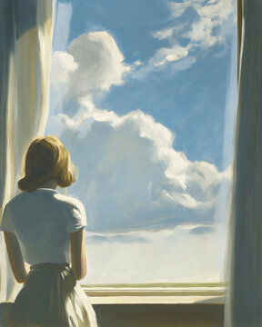 painting of a woman starring out a bright sunny window at puffy clouds, using muted whites, blues, tan colors.