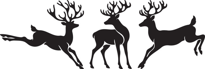 Black silhouette depicting three reindeer in various poses against a white background. © LuxStock