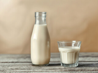 Milk bottle and glass on wooden table, in the style of flat composition,matte background.