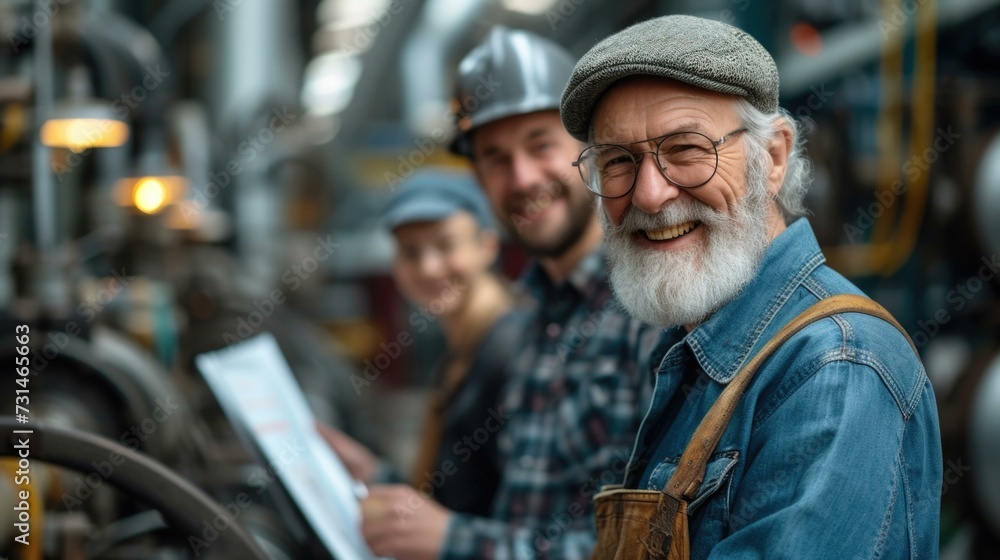 Poster a smiling man with a beard and glasses standing in front of a factory. generative ai.