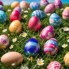 Naklejka premium colorful Easter eggs in the meadow, background