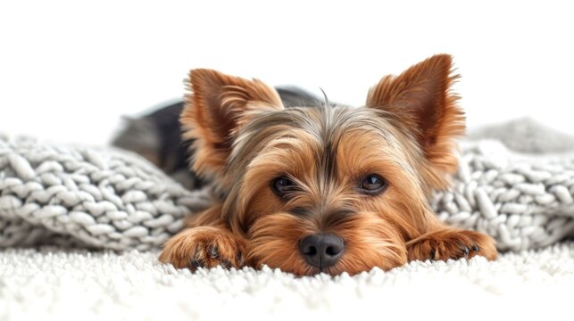 A yorkie dog is laying on a blanket. Generative AI.