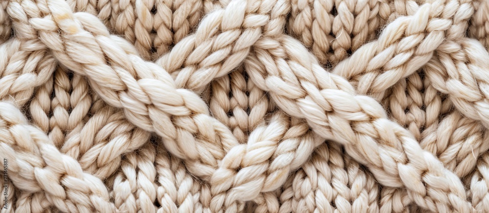 Poster a detailed image of a knitted fabric with a pattern, showcasing the intertwining fibers of wool and 