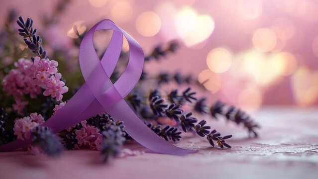 Purple ribbon with pretty flowers on a valentine's day concept bokeh background. Women's day. Seamless looping 4k time-lapse virtual video animation background  Generated with Al
