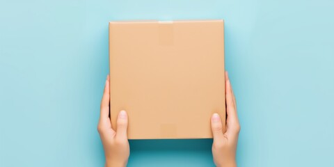 Woman hand holding small brown rectangular cardboard box on light blue background. Mockup parcel box. Packaging, shopping, delivery, present, gift concept