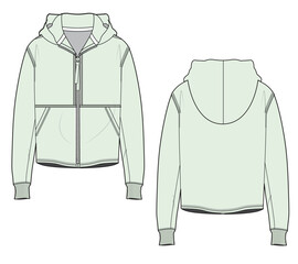 Men hooded jacket front and back view flat drawing vector illustration mockup template