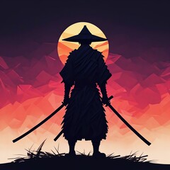 A samurai in the forest with a full moon in the night.