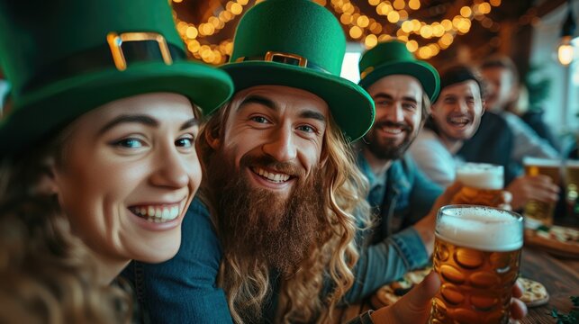 St. Patrick's Day Celebration at the Pub, Friends in festive green hats cheer with pints of beer, embodying the joyful spirit of St. Patrick's Day celebrations in a cozy pub setting