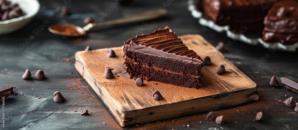 Wall mural rustic style wooden cutting board with homemade chocolate cake.