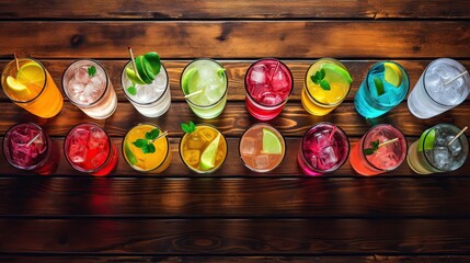 Colored Alcoholic Cocktails. Top view. On a wooden background. Copy space for text.