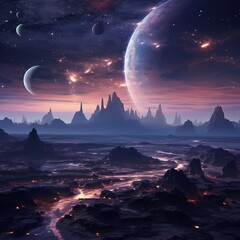 A celestial phenomenon with multiple moons casting an ethereal glow over a mystical, alien landscape