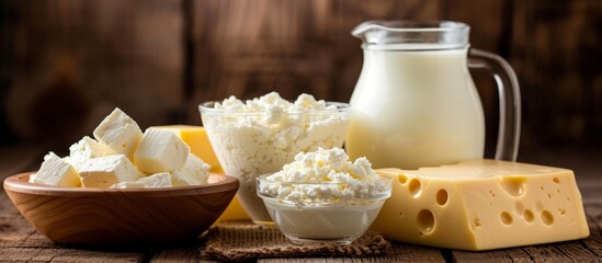 A selection of dairy products and plant-based milk alternatives are displayed on a wooden table.