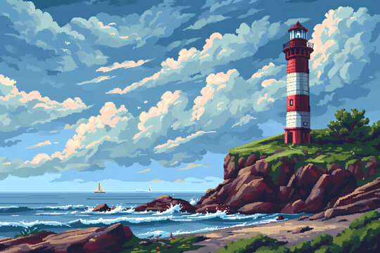 A pixel art landscape featuring a lighthouse, with the sea and sky in the background, capturing the nostalgic charm of classic video game graphics.