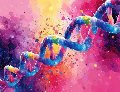 Colorful Background with human dna spiral in violet and blue colors. vibrant illustration