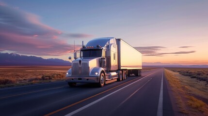 Sunset Road Trip with Commercial Truck, semi-truck drives along a highway under a pastel sunset sky, symbolizing logistics and the freedom of the open road