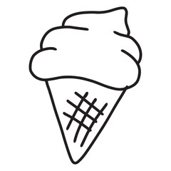 Hand drawn of ice cream cone for sticker, tattoo, fabric print, logo, brunch, food, cook book, sweet dessert, menu, recipe, cafe, restaurant, clip art, colouring book, black and white icon, snack