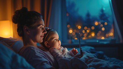 Cozy Bedtime Story with Mother and Child, mother and child share a bedtime story by the glow of a night light, illustrating the warmth of family moments and the comfort of nighttime rituals - obrazy, fototapety, plakaty