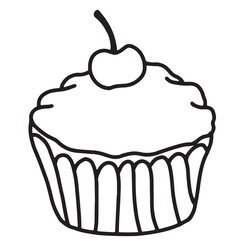 Hand drawn of cupcake with cherry for sticker, tattoo, fabric print, logo, brunch, food, cook book, sweet dessert, menu, recipe, cafe, restaurant, clip art, colouring book, black and white icon