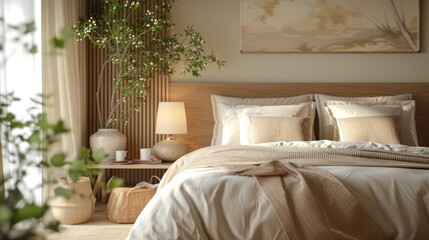 Tranquil Bedroom Oasis, tastefully decorated bedroom with lush bedding and soft lighting, creating a tranquil space for rest and relaxation