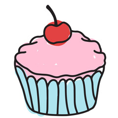 Hand drawn of cupcake with cherry for cute sticker, tattoo, fabric print, decorations, brunch, lunch, baking book, menu, recipe, cafe, restaurant, social media, clip art, meal, sweet dessert, recipe