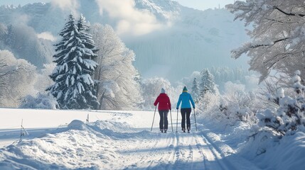 Mature couple cross country skiing outdoors in winter nature, Tatra mountains Slovakia