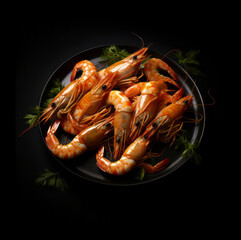 Boiled shrimps on a black plate on a black background