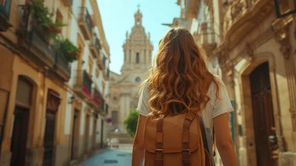 Papier Peint photo Lavable Ruelle étroite Backpacker in Spanish Town, traveler explores the historical streets of a Spanish town, with a sunlit cathedral in the backdrop, invoking wanderlust