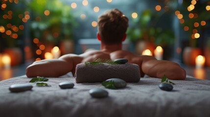 Spa Serenity,  anonymous male figure experiences tranquility at a spa, with hot stones aligned on his back, set against soft lighting and foliage