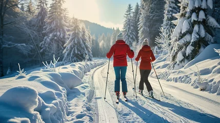 Wall murals Tatra Mountains Mature couple cross country skiing outdoors in winter nature, Tatra mountains Slovakia