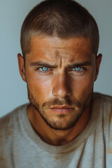 Fototapeta premium Portrait of a smiling man with a funny expression and a close-up view of his handsome face and beard