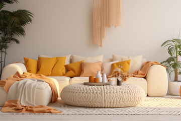 Inviting living room ambiance with white couch and lush potted plants, bathed in warm yellow and orange tones.