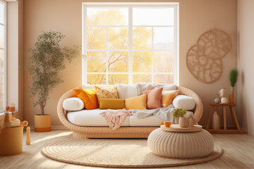 Cozy living room with wooden floor and white couch, featuring light yellow and orange hues.